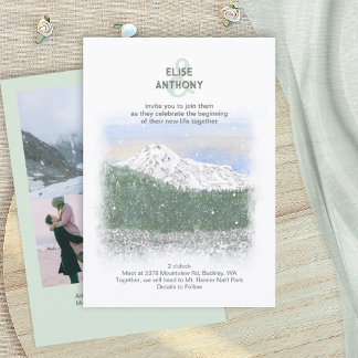 Invitación Monte Rainier, nieve que cae, boda verde de invier