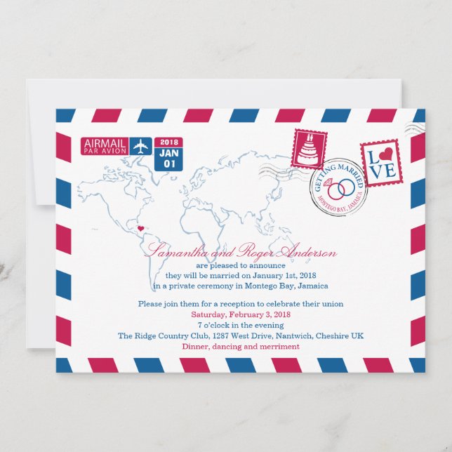 Invitación Montego Bay Jamaica Correo Aéreo Recepción de Boda (Anverso)