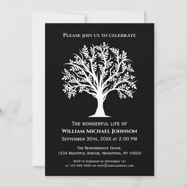 Invitación Monumento Al Funeral Del Árbol De La Vida Negro Y  (Anverso)