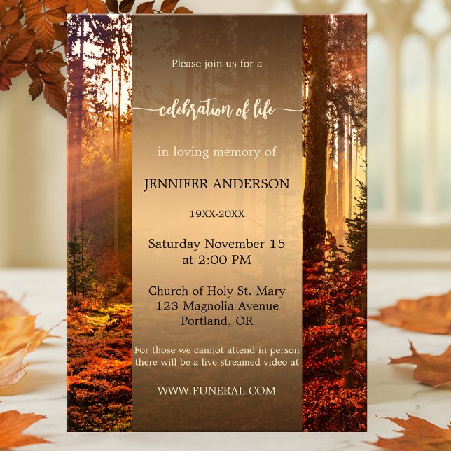 Invitación Monumento conmemorativo a la celebración del bosqu (Memorial, funeral or celebration of life service invitation featuring a colorful autumn forest)