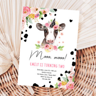 Invitación Moo Cow Chica Farm Animals Segunda Fiesta de Cumpl
