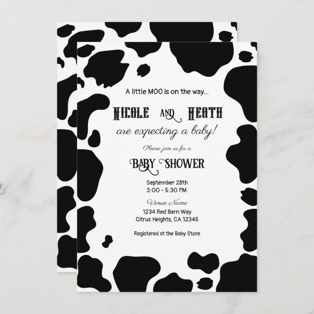 Invitación Moo Cow Spots Print Baby Shower en blanco y negro (Anverso / Reverso)