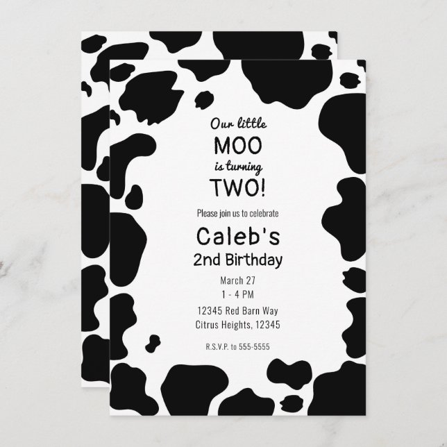 Invitación Moo Cow Spots Print Black & White Birday Party (Anverso / Reverso)