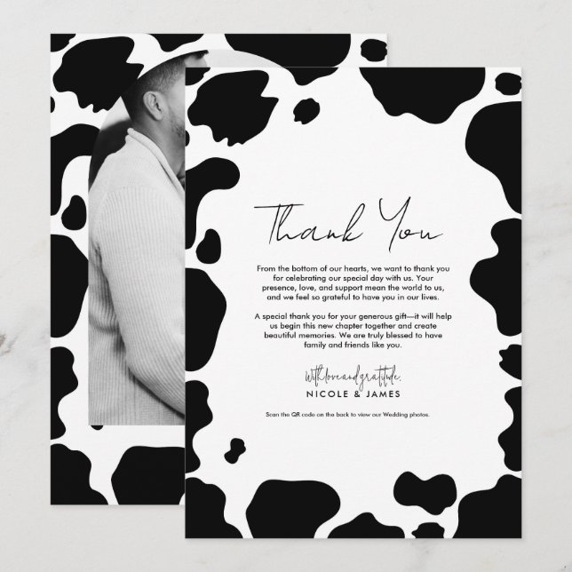 Invitación Moo Cow Spots Print Black White Gracias (Anverso / Reverso)