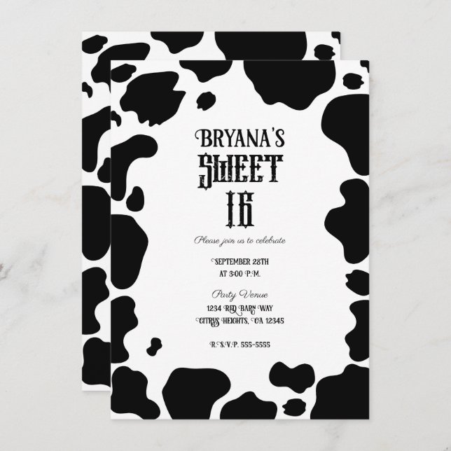Invitación Moo Cow Spots Print Black & White Rustic Sweet 16 (Anverso / Reverso)