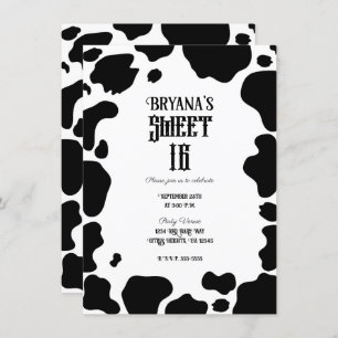 Invitación Moo Cow Spots Print Black & White Rustic Sweet 16