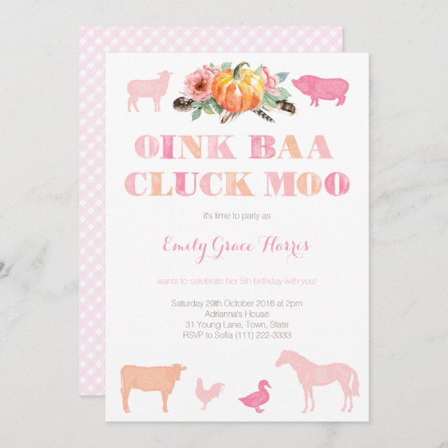 Invitación Moo de Oink Baa Cluck, fiesta de cumpleaños de la  (Anverso / Reverso)