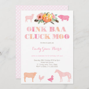 Invitación Moo de Oink Baa Cluck, fiesta de cumpleaños de la
