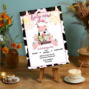 Invitación Moo lindo rosa floral Santa vaca 1er cumpleaños