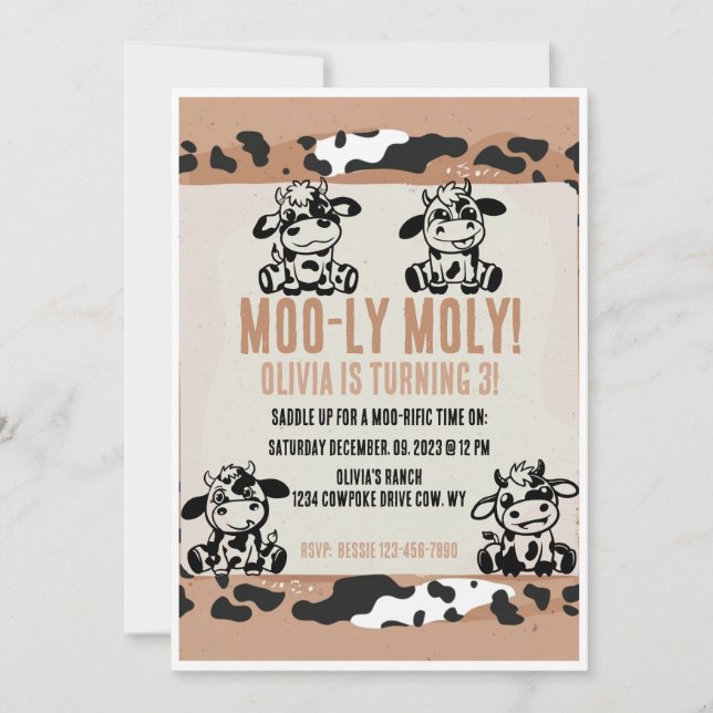 Invitación Moo-ly Moly Vaca Lechera Divertida Becerra (Anverso)