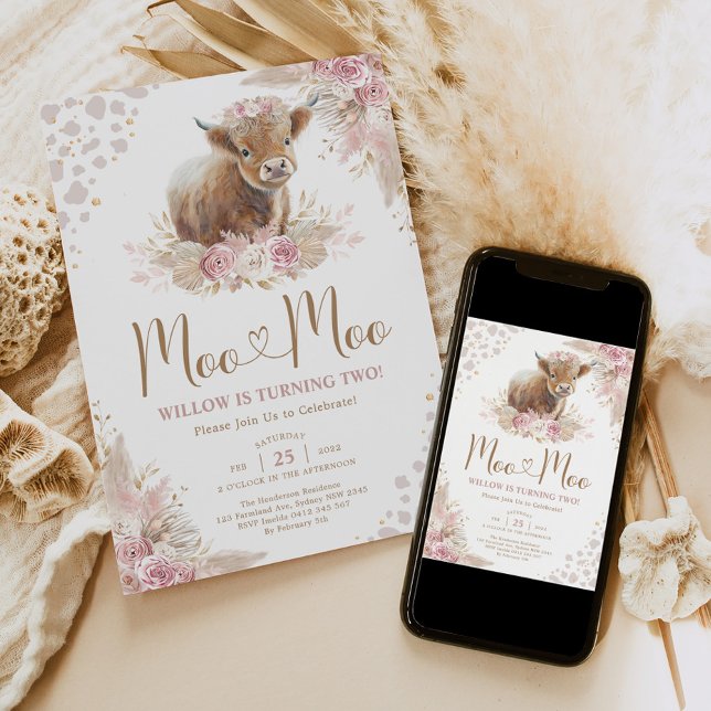 Invitación Moo Moo Boho Pampas Rosa Highland Cow 2º cumpleaño (Subido por el creador)