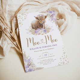 Invitación Moo Moo Boho Purple Highland Vaca 2do cumpleaños