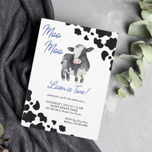 Invitación Moo moo cow black and blue cute cow birthday party