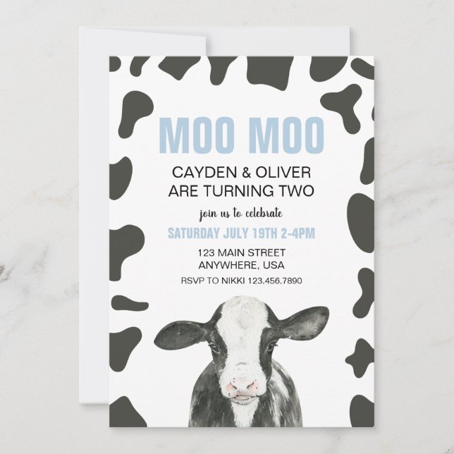 Invitación Moo Moo cumplimos DOS Plaid Cumpleaños (Anverso)
