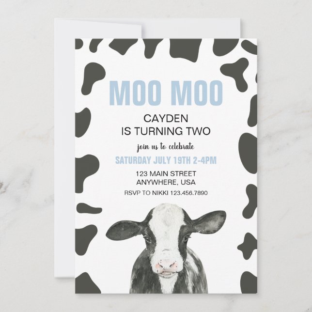 Invitación Moo Moo cumplo DOS Vaca de cuadros 2 cumpleaños (Anverso)