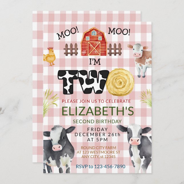 Invitación Moo Moo Im Dos Vacas Segundo Cumpleaños (Anverso / Reverso)