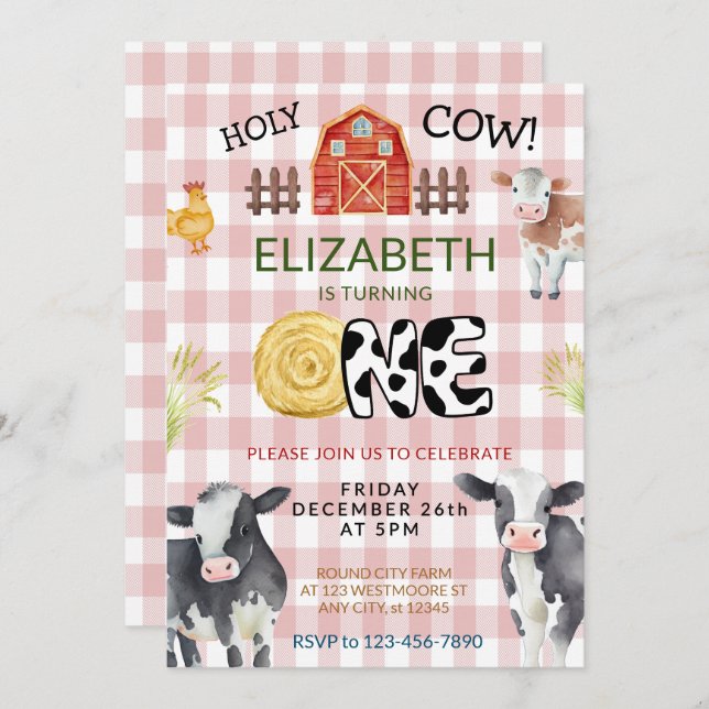 Invitación Moo Moo Im Two Cow 1Cumpleaños (Anverso / Reverso)