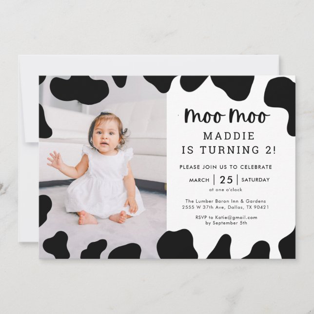 Invitación Moo Moo I'm Two Cow 2Birthday Photo Invitation (Anverso)