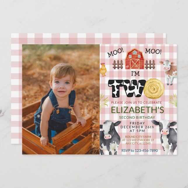 Invitación Moo Moo Im Two Cow Foto Cumpleaños (Anverso / Reverso)