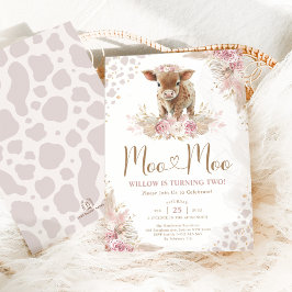 Invitación Moo Moo Pink Boho Cow Pampas Segundo cumpleaños