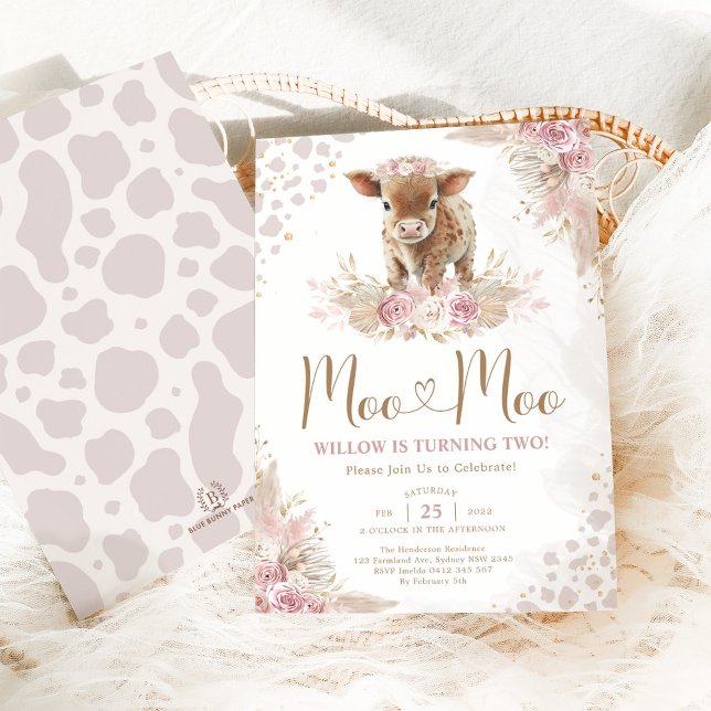 Invitación Moo Moo Pink Boho Cow Pampas Segundo cumpleaños (Subido por el creador)