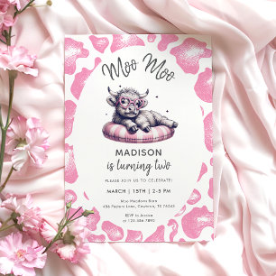 Invitación Moo Moo Rosa Cute Chica de vaca segundo cumpleaños
