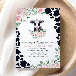 Invitación Moo Moo Soy dos Chicas de Vaca Floral Rosa Segundo