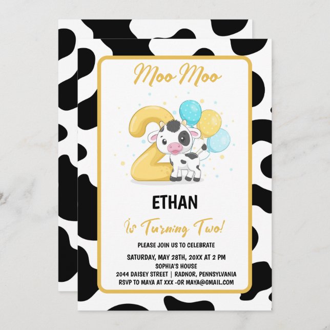 Invitación Moo Moo Soy Fiesta de dos vacas en el segundo cump (Anverso / Reverso)