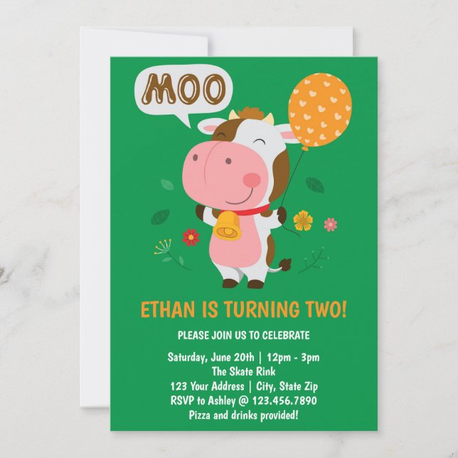 Invitación Moo Moo Soy Fiesta de dos vacas en el segundo cump (Anverso)