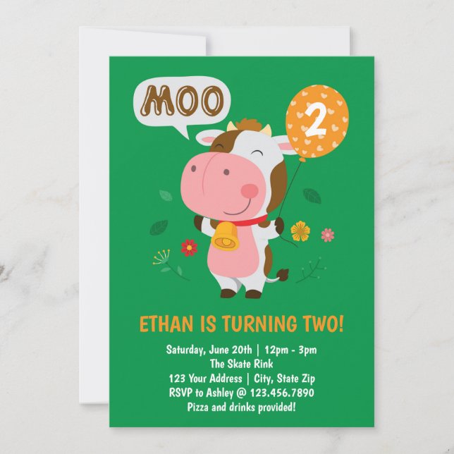 Invitación Moo Moo Soy Fiesta de dos vacas en el segundo cump (Anverso)