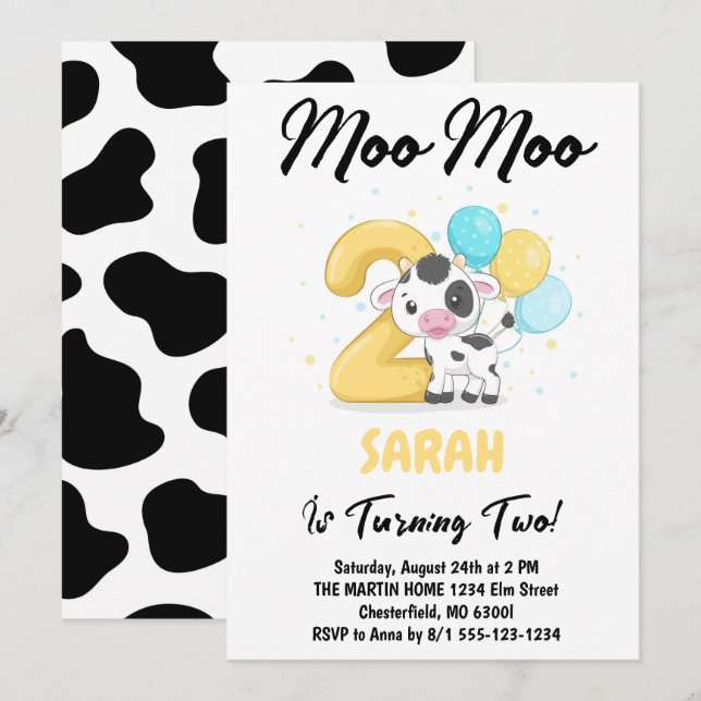 Invitación Moo Moo Tengo Dos Cumpleaños Vaca Fiesta de 2do Cu (Anverso / Reverso)