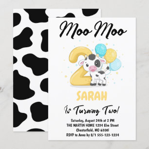 Invitación Moo Moo Tengo Dos Cumpleaños Vaca Fiesta de 2do Cu