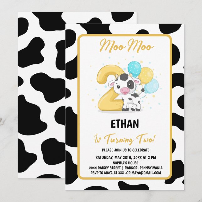 Invitación Moo Moo Tengo Dos Fiesta de Cumpleaños 2 (Anverso / Reverso)