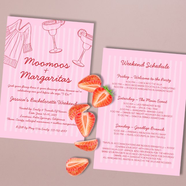 Invitación Moo Moos & Margaritas Bachelorette rosa y roja (Moo Moos & Margaritas Pink & Red Bachelorette Invitation)