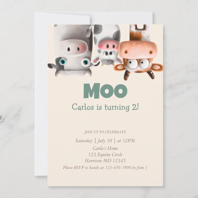 Invitación Moo, soy dos vacas trilladas segundo cumpleaños (Anverso)