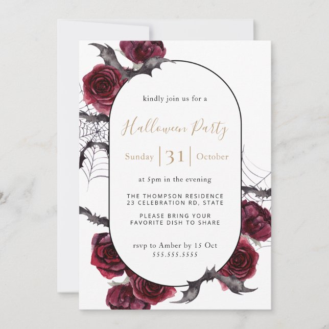 Invitación Moody Arch Floral Burgundy Black Halloween Party (Anverso)