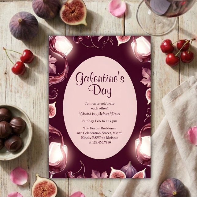 Invitación Moody Berry Figs Galentine’s Day Wine Night (Galentine’s Day Wine Night Figs & Rosé, Moody Berry, Personalized)