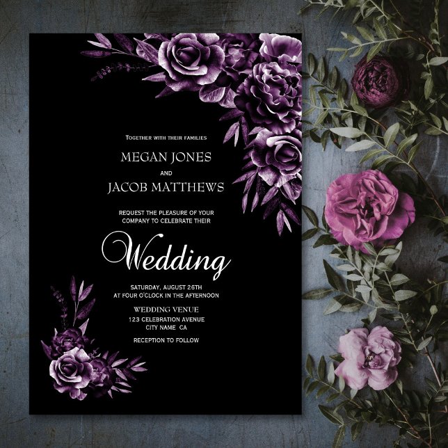 Invitación Moody Black and Purple Floral Boda (Subido por el creador)