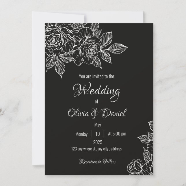 Invitación Moody Black and White Peony Sketch Wedding Invite (Anverso)