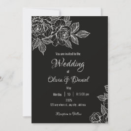 Invitación Moody Black and White Peony Sketch Wedding Invite
