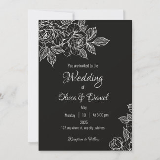 Invitación Moody Black and White Peony Sketch Wedding Invite