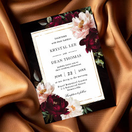Invitación Moody Black Burgundy Rubor Floral Peonies Boda