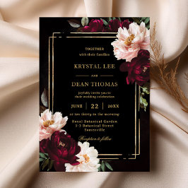 Invitación Moody Black Burgundy Rubor Floral Peonies Boda