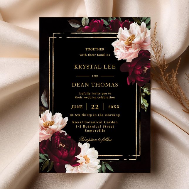 Invitación Moody Black Burgundy Rubor Floral Peonies Boda (Subido por el creador)