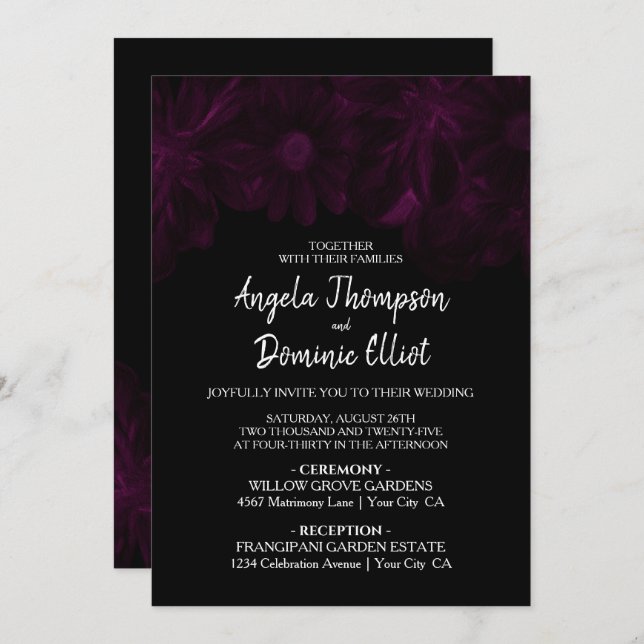 Invitación Moody Black con Boda floral rosa (Anverso / Reverso)