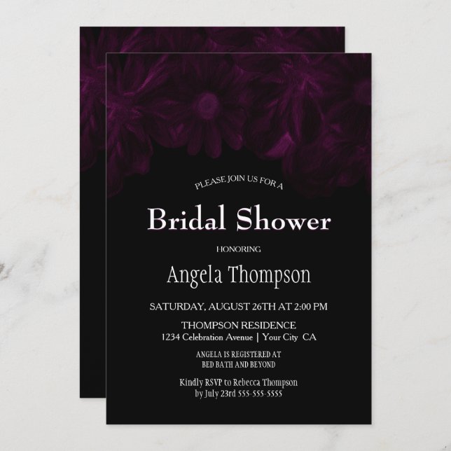Invitación Moody Black con ducha de novia floral rosa (Anverso / Reverso)
