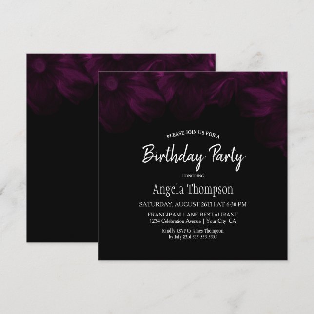 Invitación Moody Black con fiesta de cumpleaños floral rosa (Anverso / Reverso)