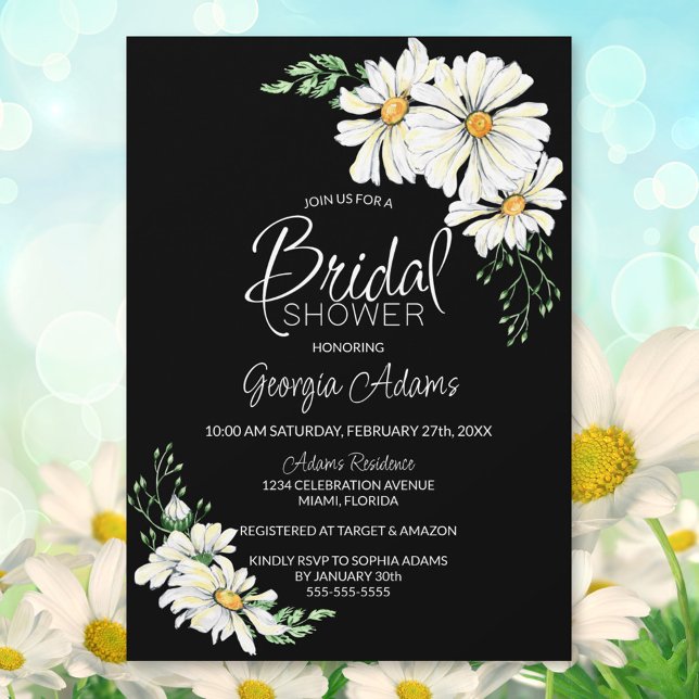 Invitación Moody Black con White Daisies Bridal Shower (Subido por el creador)