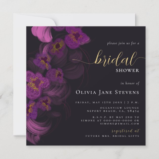 Invitación Moody Black Dark Morple Orchids Moda Bridal Shower (Anverso)