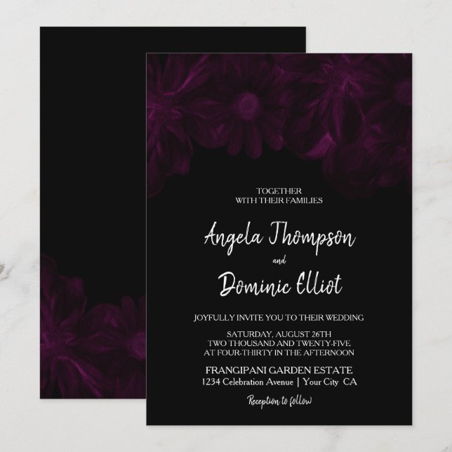 Invitación Moody Black Floral Boda (Anverso / Reverso)
